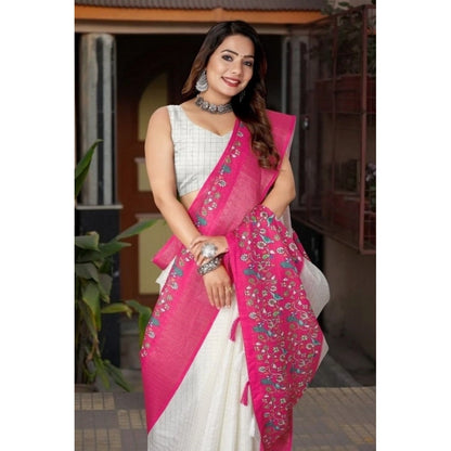 Generic Women's Cotton Silk Printed Saree With Unstitched Blouse 5.5Mtr (White-Pink)