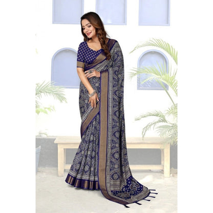 Generic Women's Cotton Silk Printed Saree With Unstitched Blouse 5.5Mtr (Blue)