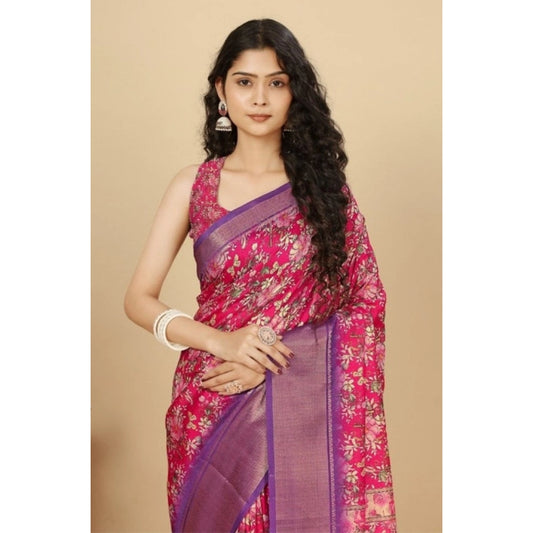 Generic Women's Cotton Silk Floral Printed Saree With Unstitched Blouse 5.5Mtr (Pink)