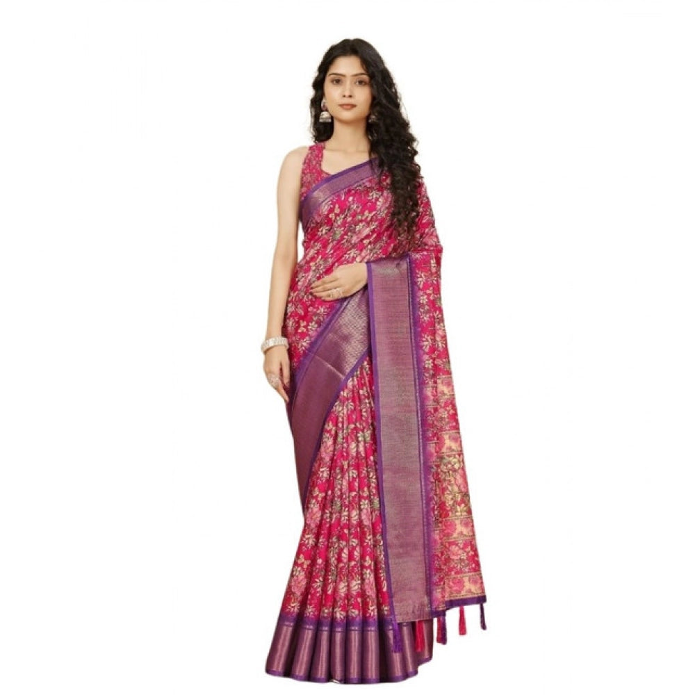 Generic Women's Cotton Silk Floral Printed Saree With Unstitched Blouse 5.5Mtr (Pink)