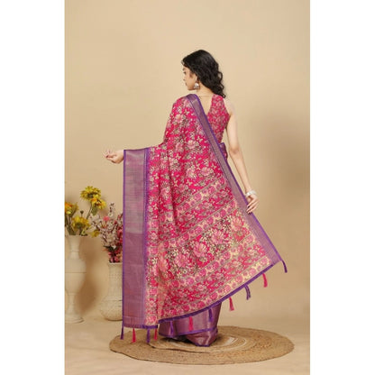Generic Women's Cotton Silk Floral Printed Saree With Unstitched Blouse 5.5Mtr (Pink)