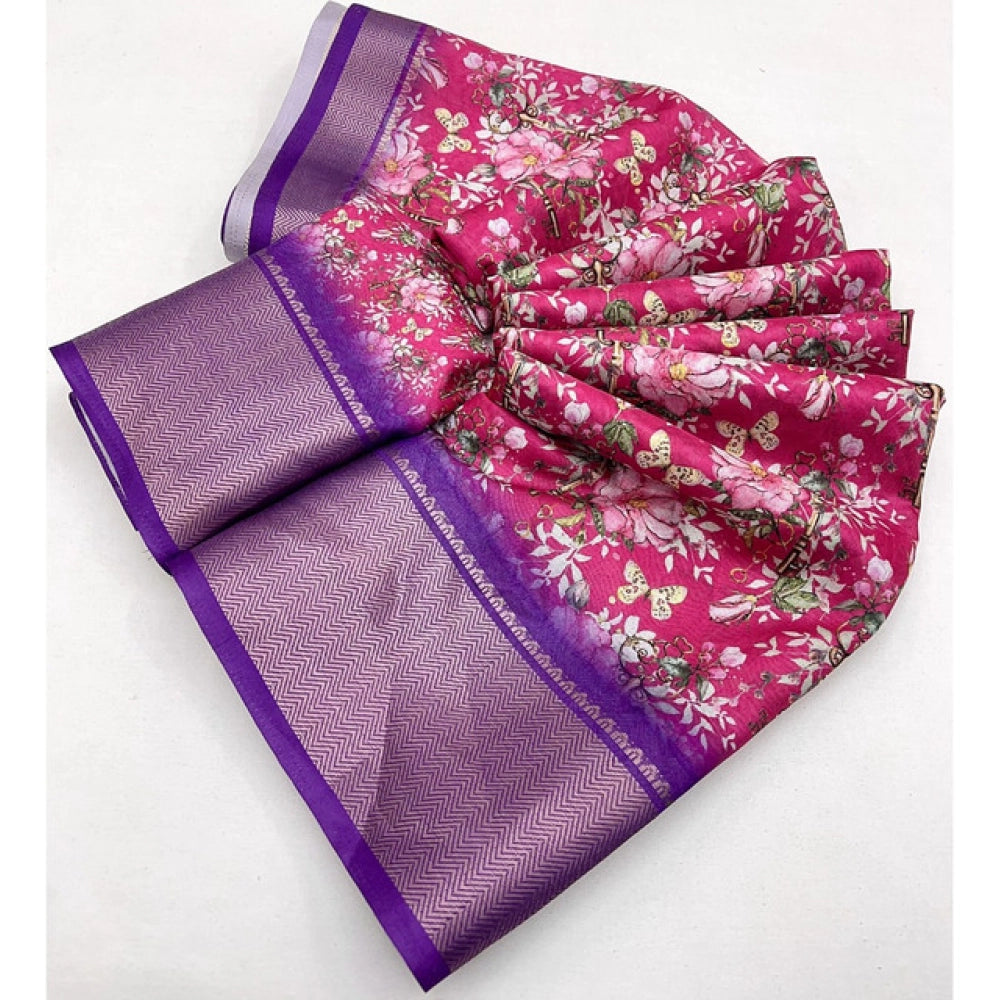 Generic Women's Cotton Silk Floral Printed Saree With Unstitched Blouse 5.5Mtr (Pink)