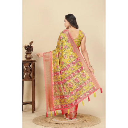 Generic Women's Cotton Silk Floral Printed Saree With Unstitched Blouse 5.5Mtr (Yellow)