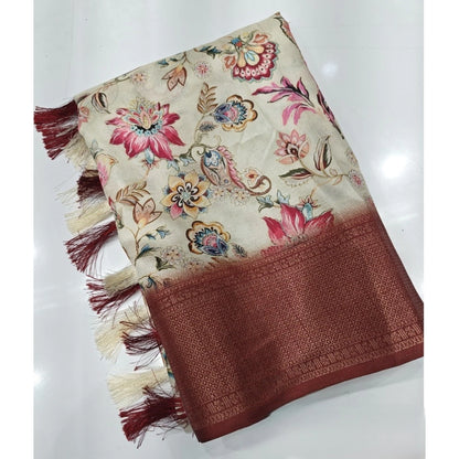 Generic Women's Cotton Silk Floral Printed Saree With Unstitched Blouse 5.5Mtr (Gold-Brown)