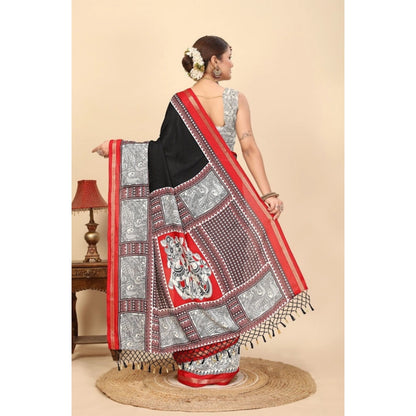 Generic Women's Cotton Silk Printed Saree With Unstitched Blouse 5.5Mtr (Black)