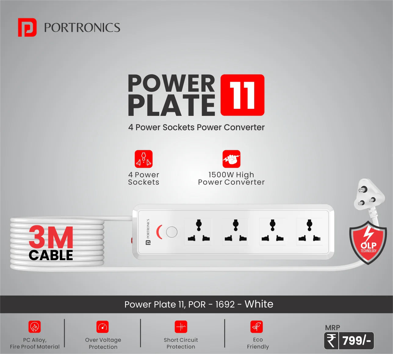Power Plate 11 - 1500 Watts | 3 m Long Cord | 4 Universal Sockets