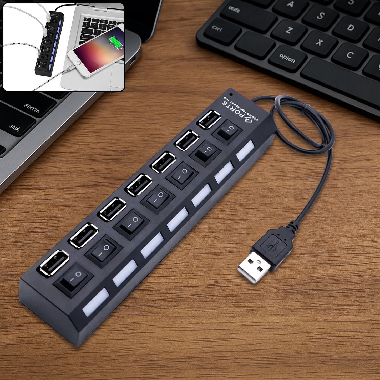USB Splitter Multi Port USB 2.0 Hub, 7 Port with Independent On/Off Switch and LED Indicators USB A Port Data Hub, Suitable for PC Computer Keyboard Laptop Mobile HDD, Flash Drive  Etc