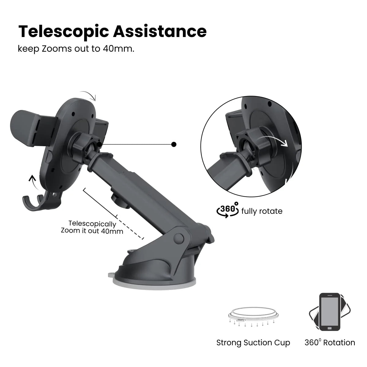 Clamp M2 | Adjustable Height | 360° Rotation | Suction Cup Mount | Portronics