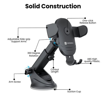 Clamp M2 | Adjustable Height | 360° Rotation | Suction Cup Mount | Portronics